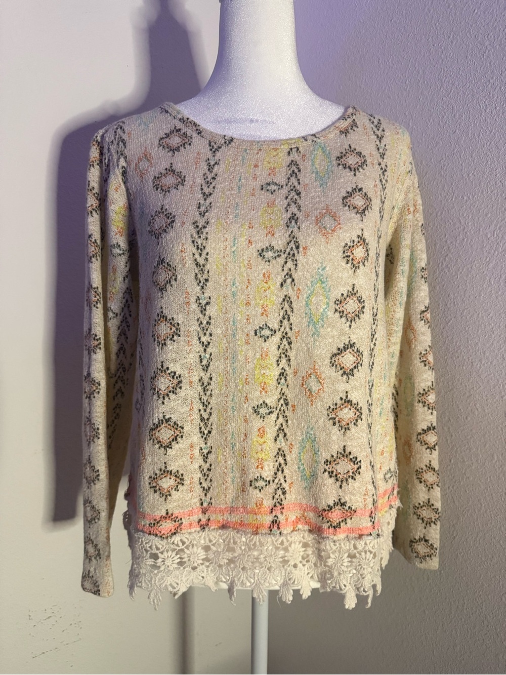 Xhilaration Boho Aztec Knit Sweater Medium Lace Fringe Hem Pastel Multi